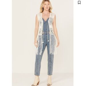 Rock & Roll Denim White Crochet Vest with Fringe size small